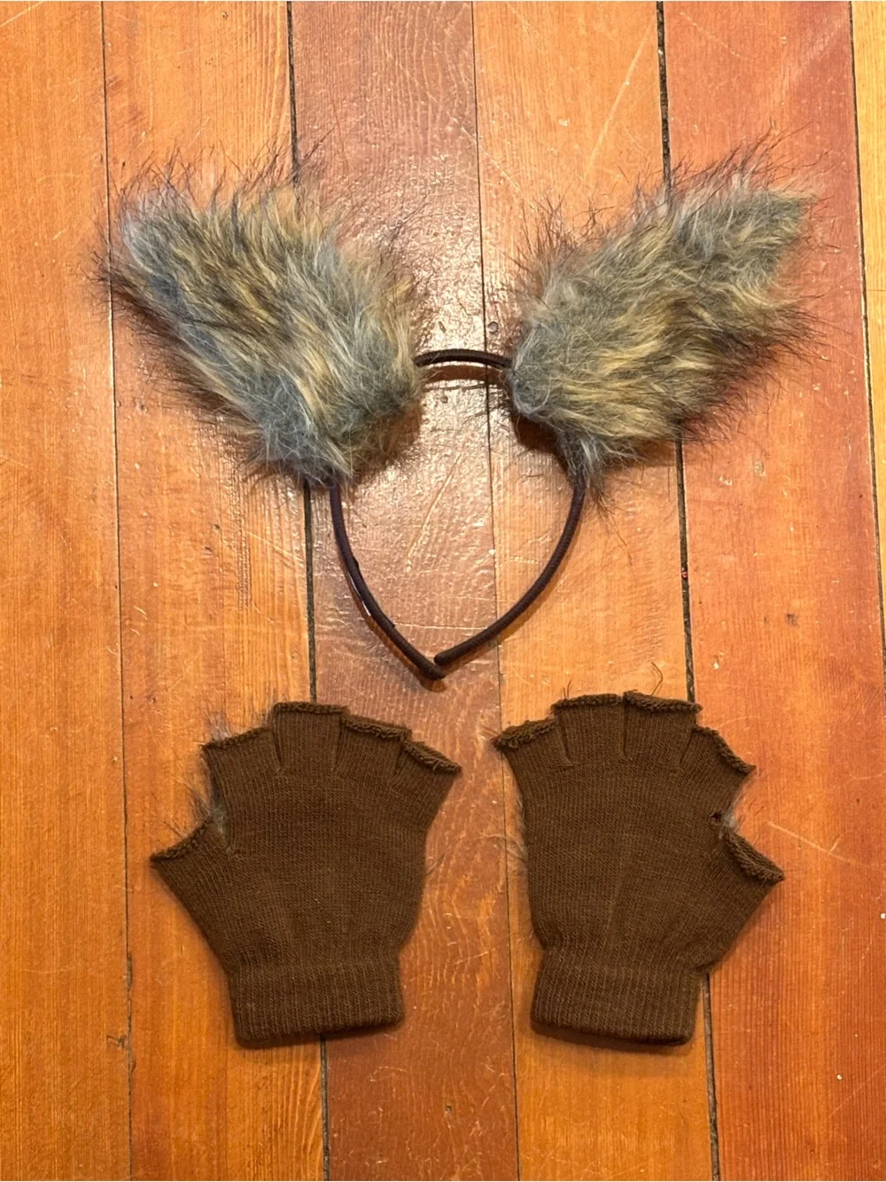 Brown Faux Fur Animal Ears Headband and Mitts Set Big Bad Wolf, Dog